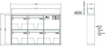 RENZ Briefkastenanlage Aufputz RS2000 Kastenformat 370x330x145mm, mit Klingel - & Lichttaster und Vorbereitung Gegensprechanlage, 5-teilig, Renz Nummer 10-0-35935